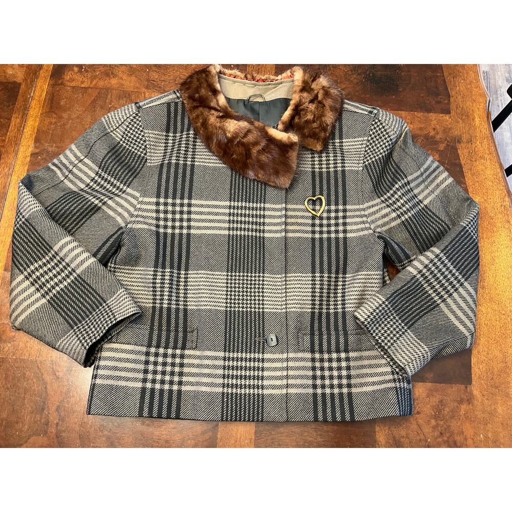 Vintage Jacques Vert Plaid Wool Jacket Real Fur Collar UK 14 US 10-12